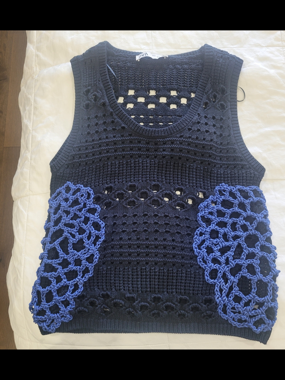 Zara Navy and Cobalt Crochet-Panel Sleeveless Sweater